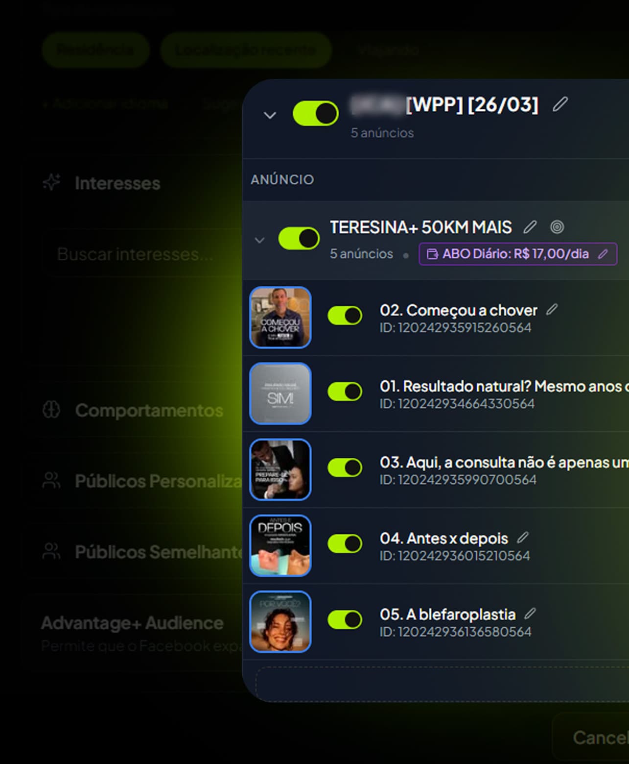 Interface de operação e criação de anúncios